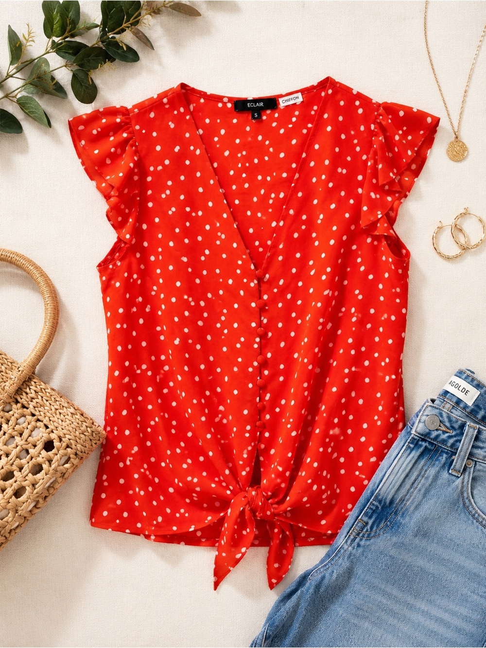 Eclair Red White Polka Dot Tie Front Flutter Sleeve Blouse Cottagecore Top